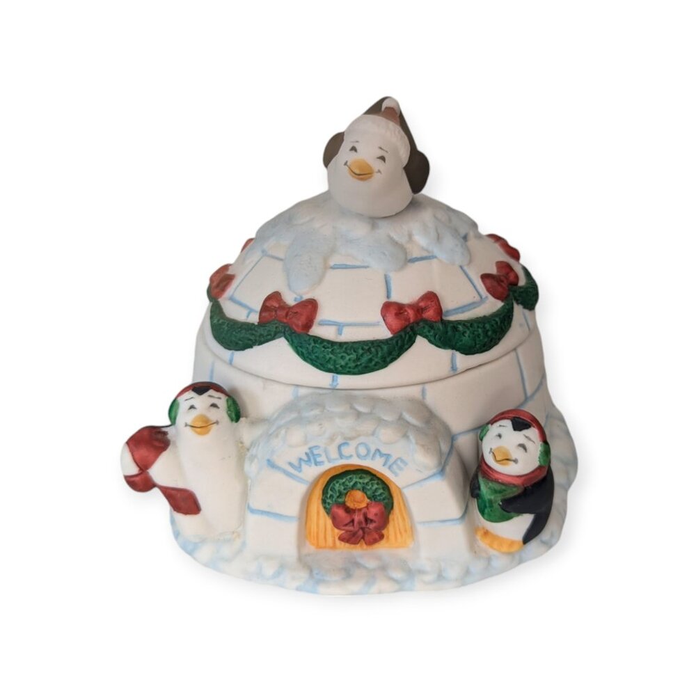 1995 Figi's Penguin Igloo Christmas Covered Ceramic Dish Trinkets Candy